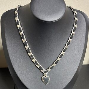 Chic Silver and Black Leather Heart Charm Necklace Classic